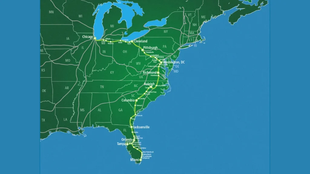 Amtrak Chicago to Miami Stops map